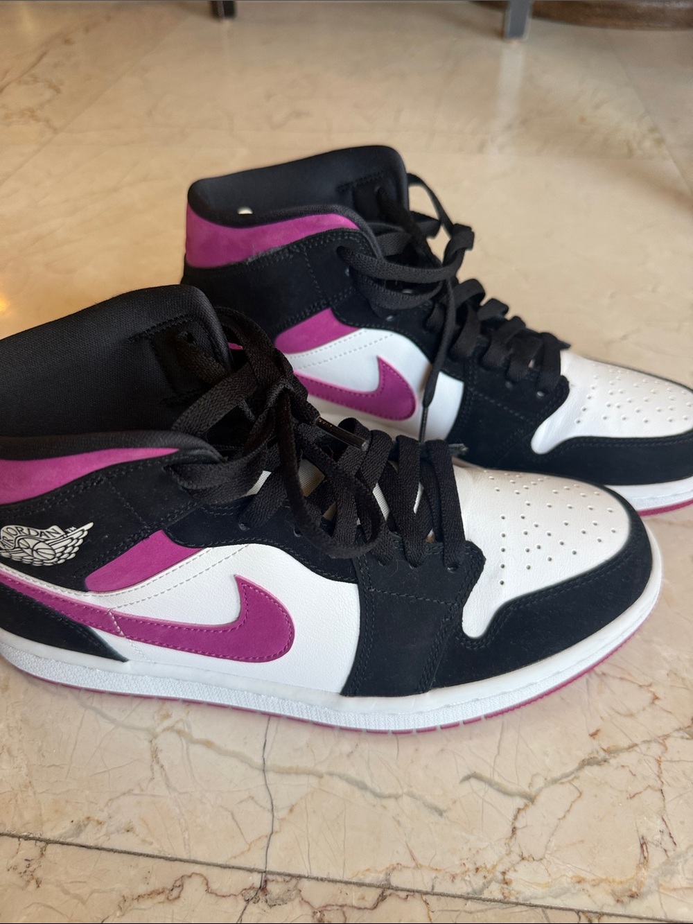 Jordan 1 Mid-Top Sneakers in Black, White & Magenta “cactus flower”